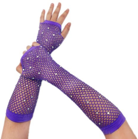 Wambere 2 Paar Damen Netzhandschuhe Lange,Strass-Glitzer-Handschuhe,Fischnetz Fingerlose Handschuhe,Fingerlose Netzhandschuhe,Fischnetz Handschuhe,Abendhandschuhe,für Karneval,Mottoparty,Lila
