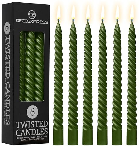 DECO EXPRESS Stabkerzen Set 3er oder 6er Tropffreie Stabkerzen Gedrehte Spiralkerzen Bunte Kerzen Brenndauer 6 Stunden Unparfümiert (Metallic-Olive – 6er-Pack)