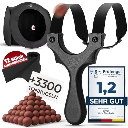 HITX® Alpha Clips Profi Steinschleuder Set Allrounder Zwille für Erwachsene | Slingshot Schleuder Set mit 2 Gummibänder & 300 Tonkugeln Munition - Sehr robuste Sportschleuder für Einsteiger & Experten