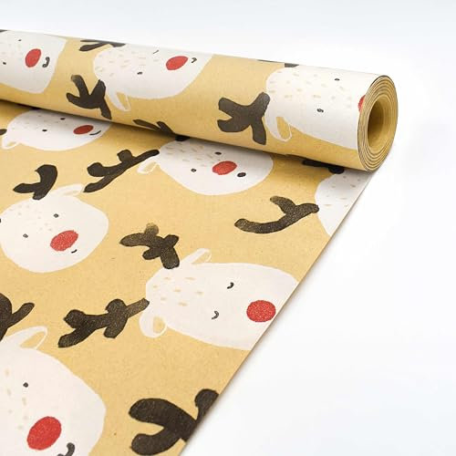 Rouleau de papier cadeau de Noël 43 cm x 15 m, papier cadeau kraft recyclable imprimé avec élan pour cadeaux de fête de Noël, anniversaire, décorations de cadeaux respectueuses de l'environnement