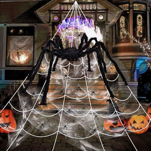 Halloween Deko Spinnennetz, 700 cm Halloween Spinnennetz + 90cm Riesen Spinne Halloween + 20 Kleine Halloween Spinne + 40g Spinnenweben Deko, für Garten, Spukhaus Halloween Deko Outdoor