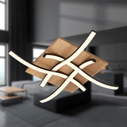 BRILONER - LED Deckenlampe Vintage mit Wellenform, warmweißes Licht, Holzbasis, LED Deckenleuchte, Lampe, Wohnzimmerlampe, Schlafzimmerlampe, Küchenlampe, 47,5x47,5x8,5 cm, Schwarz-Holz