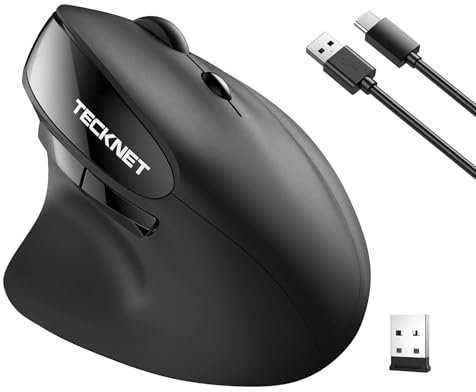 TECKNET Ergonomic Mouse, 2.4G Rechargeable Wireless Vertical Mouse with 5 Adjustable DPI, 2400DPI Cordless Computer Optical Mouse for Laptop, Computer, Mac (Black)