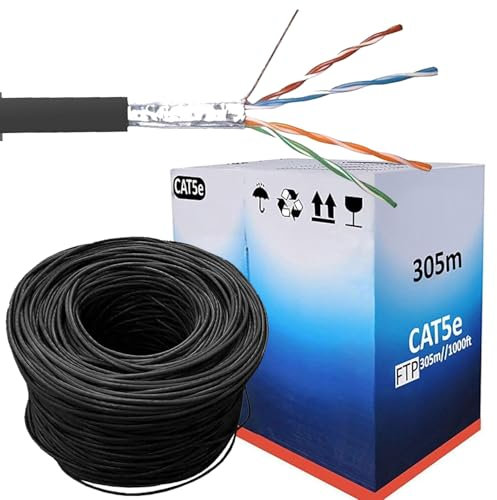 305m Cat5e FTP Ethernet Network Solid Lan Cable CCA Indoor Outdoor Ethernet Network LAN Cable AWG24 Cat5e 305 Meters FTP 1Gbps 100Mhz Roll RJ45 Networking Cable for POE CCTV IP Camera DSL ADSL Black