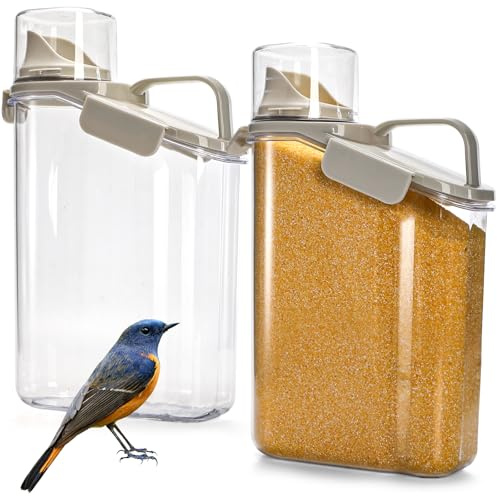 DEAYOU Bird Seed Storage Container, 3 Qt/2.8 L Airtight Cereal Storage Bin with Pour Spout and Measuring Cup, BPA Free Plastic Water Pitcher with Handle for Rice, Grain, Flour, Pet Food, Dry Food