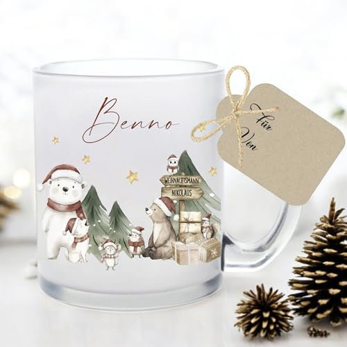 Manufaktur Liebevoll I Tasse Weihnachten Glastasse Glühweintasse mit Namen Weihnachtstasse personalisiert Tasse Nikolaus Weihnachtsgeschenke Kinder Mädchen Jungen Becher Tiere Weihnachten (Benno)