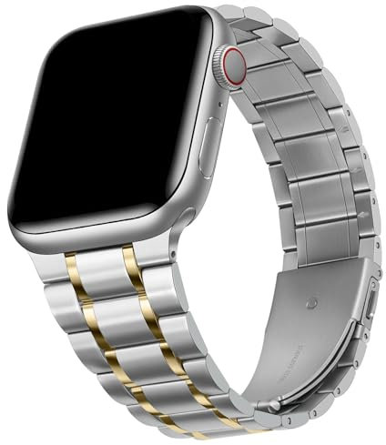 HITZEE Metall Armbänder Kompatibel with Apple Watch Armband 42mm 41mm 40mm 38mm, Edelstahl Ersatzband Damen Herren Band Kompatibel für iWatch Serie 10 9 8 7 SE 6 5 4 3 2 1, Silber Gold