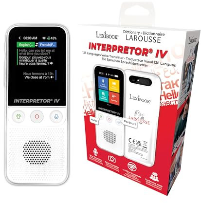 Lexibook, Larousse, Interpretor IV®, Sprachübersetzer 138 Sprachen, Sprach- und Fotoübersetzung, 15 Sprachen offline, Ausspracheübung, Konferenzmodus, Wechselkursumrechnung, NLT3000LA