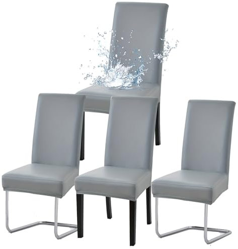 HAMON Stuhlhussen 4er Set,Pflegeleichte Wasserdicht Abnehmbarer Stühle,wasserdichte Stretch PU Leder Stuhlbezug,Haus Büro Restaurant Stuhlhussen,Kunstleder Wasserdicht Dehnbarer Schutzbezug(Grau)