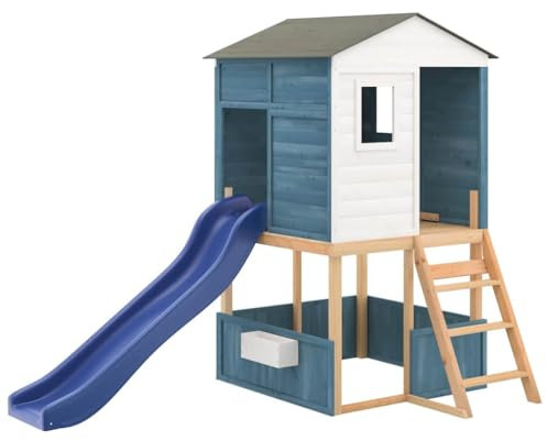 vidaXL Spielturm Weiß und Blau Massivholz Tanne, Kletterturm, Spielgerät, Spielplatz Garten, Klettertürme, Spielgeräte, Holz Spielgerät