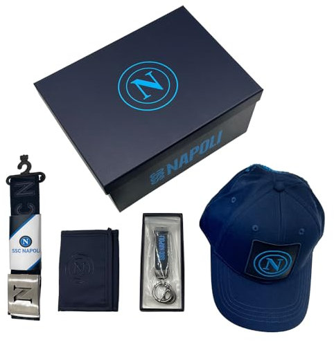 Enzo Castellano SSC NAPOLI Set mit 4 Produkten in Box, Hut, Gürtel, Geldbörse und Schlüsselanhänger, offizielles Produkt