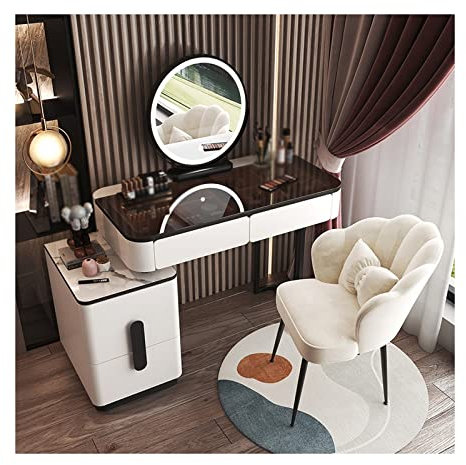 Moderno juego de tocador de cristal con espejo inteligente y taburete de maquillaje, tocador de madera avanzado para almacenamiento de dormitorio