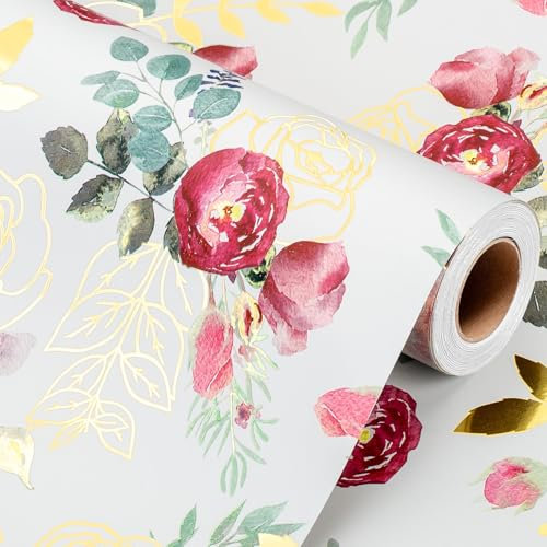 Wikadlik Geschenkpapier mit Blumenmuster, elegantes Metallic-Goldglanz-Blumen-Design, wendbares Geschenkpapier für Geburtstag, Babyparty, Hochzeit, Muttertag, Brautparty, Feier, 43 cm x 10 m