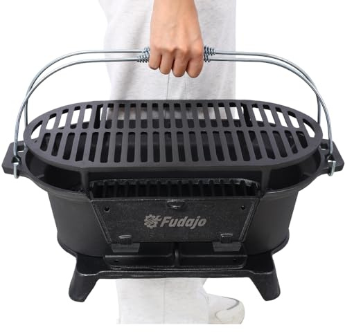 Cast Iron Hibachi Grill – Portable Charcoal BBQ for Outdoor Cooking, Durable Tabletop Skillet, Compact Camping Charcoal Cooker for Tailgating, Picnics & Hunting (Oval)