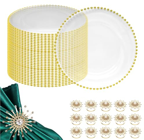 Clear Acrylic Charger Plate Set with Gold Beaded Rim & Pearl Diamante Napkin Rings – Elegant Table Dining Decor for Weddings, Dinner, Party, Banquets & Special Events - 100 Pieces
