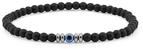 Lameybrt Auge des Bösen Blick Armband Schutz Stretch Armbänder mit Naturstein für Männer (B03 Black Agate, Eine Grösse)