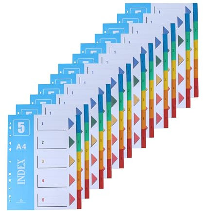 JALVPI 12er 5 Teilig Register Trennblätter für Ordner DIN A4, Kunststoff, 1-5 Registertrenner für Organisation, 225x297mm