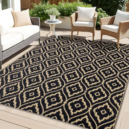 Homaxy Waterproof Outdoor Rug 150 x 240 cm, UV Resistant Reversible Plastic Straw Garden Rug, Portable Easy Cleaning Carpet for Patio, Camping, Balcony, Picnic, Black & Beige
