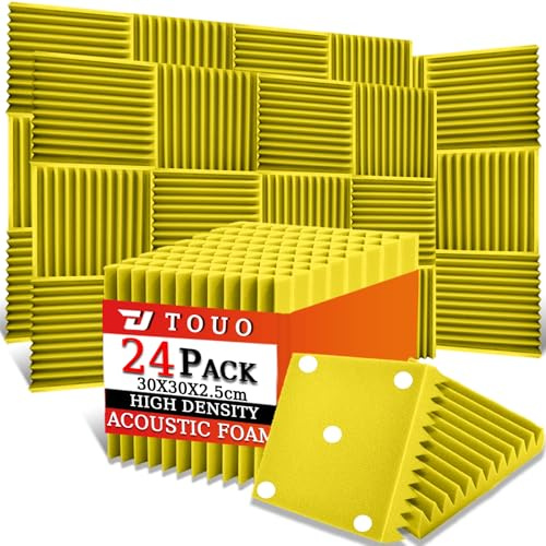 TOUO Akustikplatten, schalldichte Schaumstoffplatten für die Wand, 30,5 x 30,5 x 2,5 cm, schwer entflammbarer Keil-Akustikschaum, hochdichter schallabsorbierender Schaumstoff für Heimstudio, Gelb, 2,5