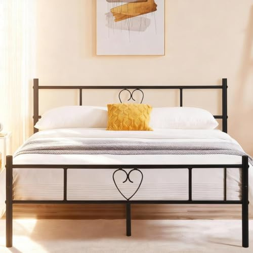 buybyroom Double Metal Bed Frame, 4ft 6 Bed Frame with Headboard, Footboard and Solid Slatted Base, 80cm Height, Fit for 140 x 190 cm Mattress, Black