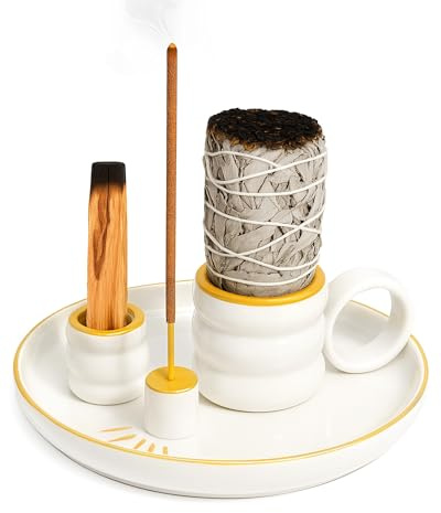 BS-VOG Soporte de incienso 4 en 1, soporte de Palo Santo para quemar salvia, palos y velas, quemador de incienso de cerámica con asa, bandeja para recoger cenizas de 5.9 pulgadas, decoración zen para