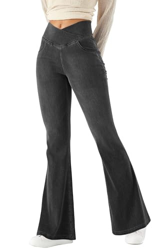 LaiEr Women Bootcut Jeans V Crossover High Waist Pull on Tummy Control Casual Fitness Skinny Yoga Pants,Denim Highly Elasticity Soft Fabric,Flared Fitness Trousers with Side Pockets(Dark GreyXL)