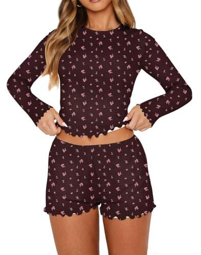 BONITEE Women Fall 2Piece Pajama Set Cute Cropped Tops Nightwear Sets 2025 Trendy Casual PJ Shorts Outfits Coffee-Pink Flower,L