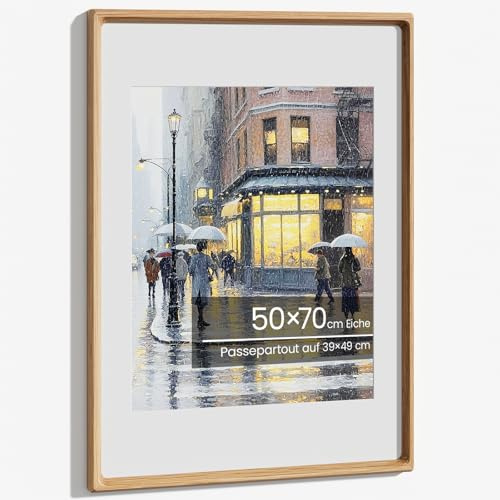 Bilderrahmen 50x70, Natürliches Eiche Fotorahmen mit Gehärtetem Glas, Handgefertigte Abgerundete Ecke 50x70cm Holz Posterrahmen Mattiert auf 39x49 cm mit Passepartout für große Fotos Ausstellungen