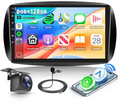 Hodozzy 6G+128GB 8-Core Android Autoradio für Mercedes Benz Smart 453 Fortwo 2014-2020 mit Wireless Carplay Android Auto, Radio 2 Din 9 Zoll Touchscreen Bluetooth Navi WiFi DSP FM/RDS Rückfahrkamera