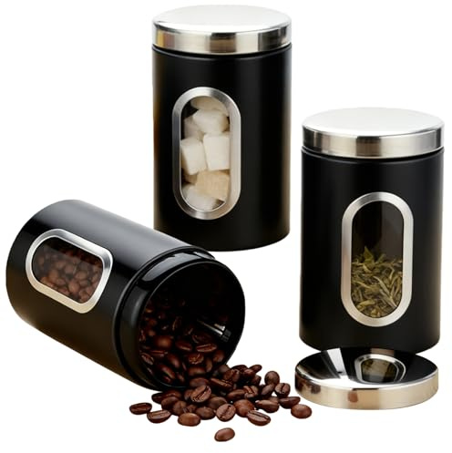 GBKDQQ 3 Stück Kaffeedose Luftdicht, 550-1200g Kaffeebohnen Behälter mit Deckel, Sichtbar Edelstahl Kaffeebehälter, Vakuum Kaffeedose für Tee, Nüsse, Kakao, Kaffeekapseln, Kaffeepads(Schwarz)