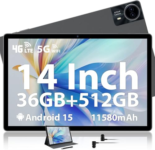 MAXLEGEN 14 Zoll, 36GB RAM+512GB ROM/1TB TF SIM Tablet 2K 2000x1200 Touch Display, 4G LTE+5G WLAN, Android 15, Octa-Core, 4 Lautsprecher, 13MP/11580mAh/GMS/GPS, inkl. Pen/Hülle/Kopfhörer