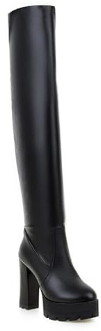 Generico Donna Tacco Grosso Alto Plateau Stivali sopra Il Ginocchio Punta Tonda Stivali Lunghi Pelle PU Stival Alti alla Coscia con Cerniera,Nero,40 EU