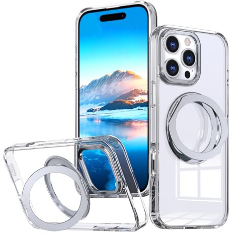 XKchatpt Mag-Stand 360° Rotatable Ring Magnetic Case for iPhone 16 pro;［Supports wireless charging］Transparent Hard Silicone Shockproof Cover with Ring Holder for iPhone 16 pro(Clear)