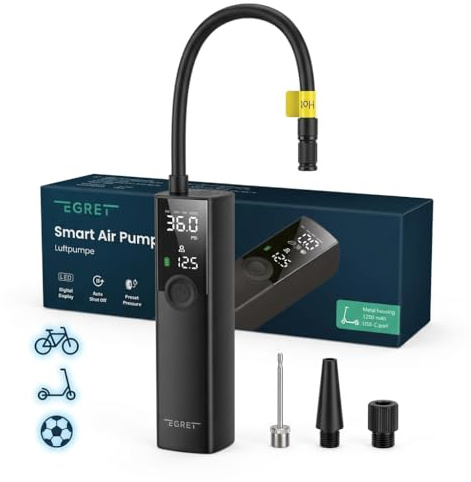 Egret Smart Air Pump - Universale Elektrische Luftpumpe mit USB-C-Anschluss, Ladekabel und Adapter für Auto-, Blitz-, und Nadelventil sowie eine konische Aufblasdüse