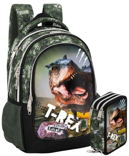 Schulrucksack Set Jungen Grundschule 6-10 Jahre – Ergonomischer Dinosaurier T-Rex Rucksack (33x43x20 cm) & 3-Fach Federmäppchen Gefüllt (46 Teile) – Jungle Rex Design