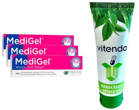 vitenda Set: Wund- und Heilgel mit MediGel zur feuchten Wundheilung für akute Wunden, Zink und Eisen, 3x50g – inkl. vitenda Handcreme