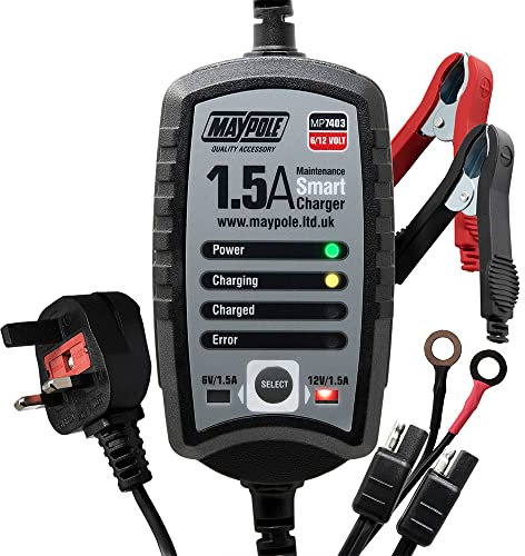 Maypole 1.5A 6/12V Electronic Maintenance Smart Car Battery Charger