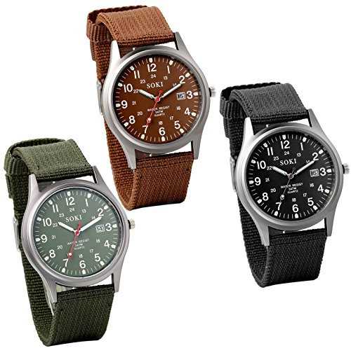 JewelryWe 3pcs Herren Armbanduhr Kalender LED Licht Canvas Stoff Band Quarz Analog Uhr Grün Kaffee Schwarz