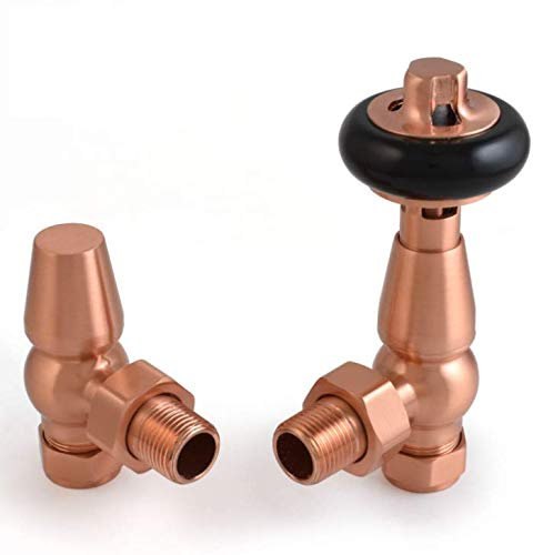 Faringdon Traditional Thermostatic Radiator Valve Set - Brushed Copper Radiator Valves | Angled TRV & Lockshield