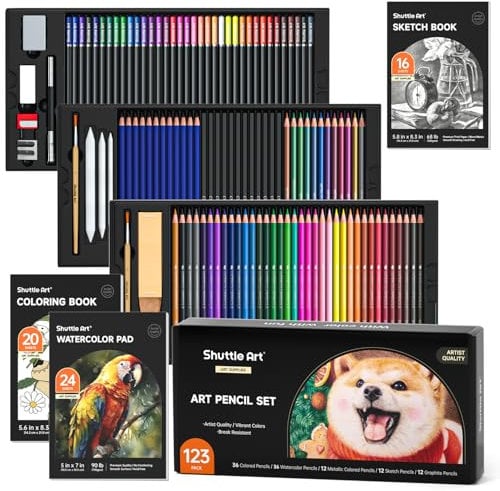 Shuttle Art Professionelles Zeichenset, 123-teiliges Set mit Bleistiften zum Zeichnen, inkl. Buntstifte, Aquarelle, Kohle, Graphit und Skizzen, ideal für Erwachsene, Kinder, Künstler