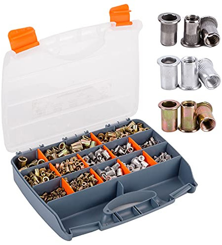 Nietmuttern-Set, metrische Nietmuttern, Sortiment M3, M4, M5, M6, M8, M10, M12, Edelstahl, Stahl und Aluminium, Flachkopf, Nietmuttern-Werkzeug-Set mit Koffer