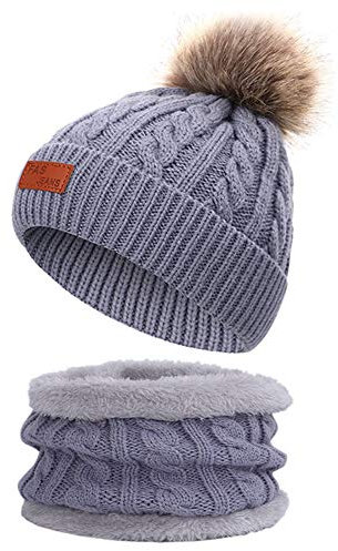 Martin Kench Kinder Winter Beanie Hut Schal Set - Mütze Loop Set Unisex Strick Bommelmütze Wolle für Mädchen Baby (Grau)