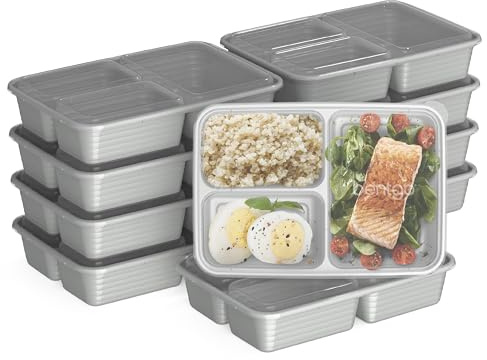 Bentgo Prep - 20-Piece 3-Compartment Reusable Meal Prep Containers with Lids, PFAS & BPA Free Materials, Durable, Microwave, Freezer, & Dishwasher Safe To Go Food Storage (Silver)