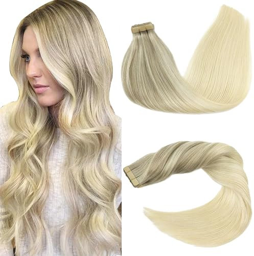 GOO GOO Tape in Extensions Echthaar, Tape Extensions Echthaar, 40cm 50g 20pcs, Extensions Echthaar, Haarverlängerung Echthaar, 17/22/60 Aschblond bis Goldblond und Platinblond