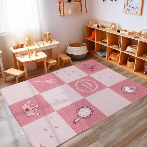 Carpettex Kinderteppich rutschfest | Prinzessin Design 100 x 150 cm | Kein Abwurf | Kurzflor und Waschbarer Spielteppich für Kinderzimmer für Mädchen und Jungen | Rosa, Hellrosa, Königin, Krone