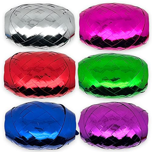 Set Ringelband Polyband Geschenk-Band Geschenkschleifen zum Basteln und Verpacken - glänzend & matt sortiert (metallic violett - pink - rot - grün - silber - blau, 6 Rollen Geschenkband je 10m)