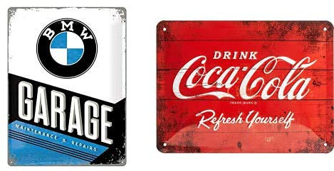 Nostalgic-Art Bmw Garage Placa Decorativa, Metal, Multicolor, 30 X 40 Cm + Cartel De Chapa Retro Coca-Cola – Logo Red – Idea De Regalo Aficionados A La Coke