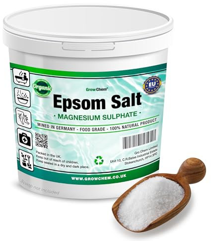 Grow Chem Natural Epsom Salts (1KG Bucket) – Pure Food Grade Magnesium Sulphate Mineral, 100% Natural Salts Mined in Germany - for Health, Detoxification, Muscle Relief, Exfoliating & Gardening