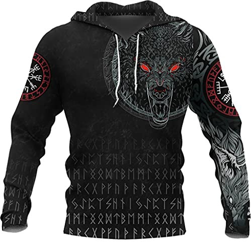WSXJJ Männer Wikinger Tätowierung Odin Fenrir Wolf Hoodie, 3D Druck Herbst Langarm Sweatshirt Übergroßen Beiläufige nordische Kleidung Lose Pullover Jacke,Fenrir Hoodie,L