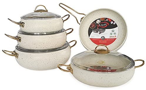 HAPISTUFF Non Stick Cookware Set - Granite Coating Pot and Pan Sets Halogen Safe - Glass Lid Frying Pans with Stainless Steel Handles for Kitchen Ivory (9PCS)